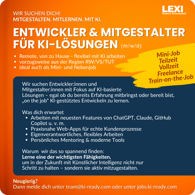 KI-READY Jobs - KI-Entwickler - erfahren und train-on-the-job - mehr unter jobs.ki-ready.com